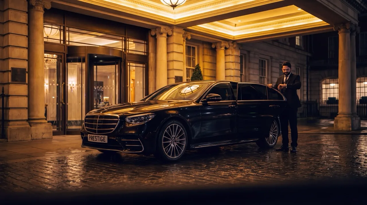 Chauffeur waiting beside a black Mercedes E-Class outside a London hotel