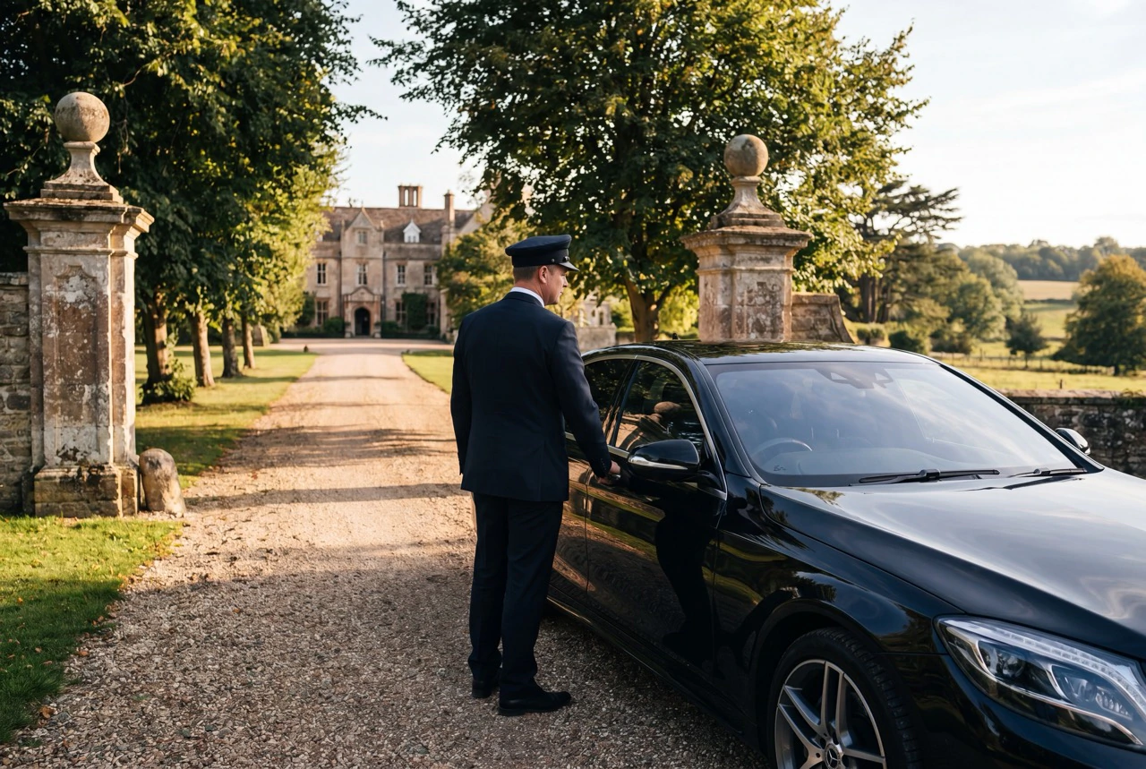 Uniformed Prestige Travel Group chauffeur opening the door of a black Mercedes on a country estate drive