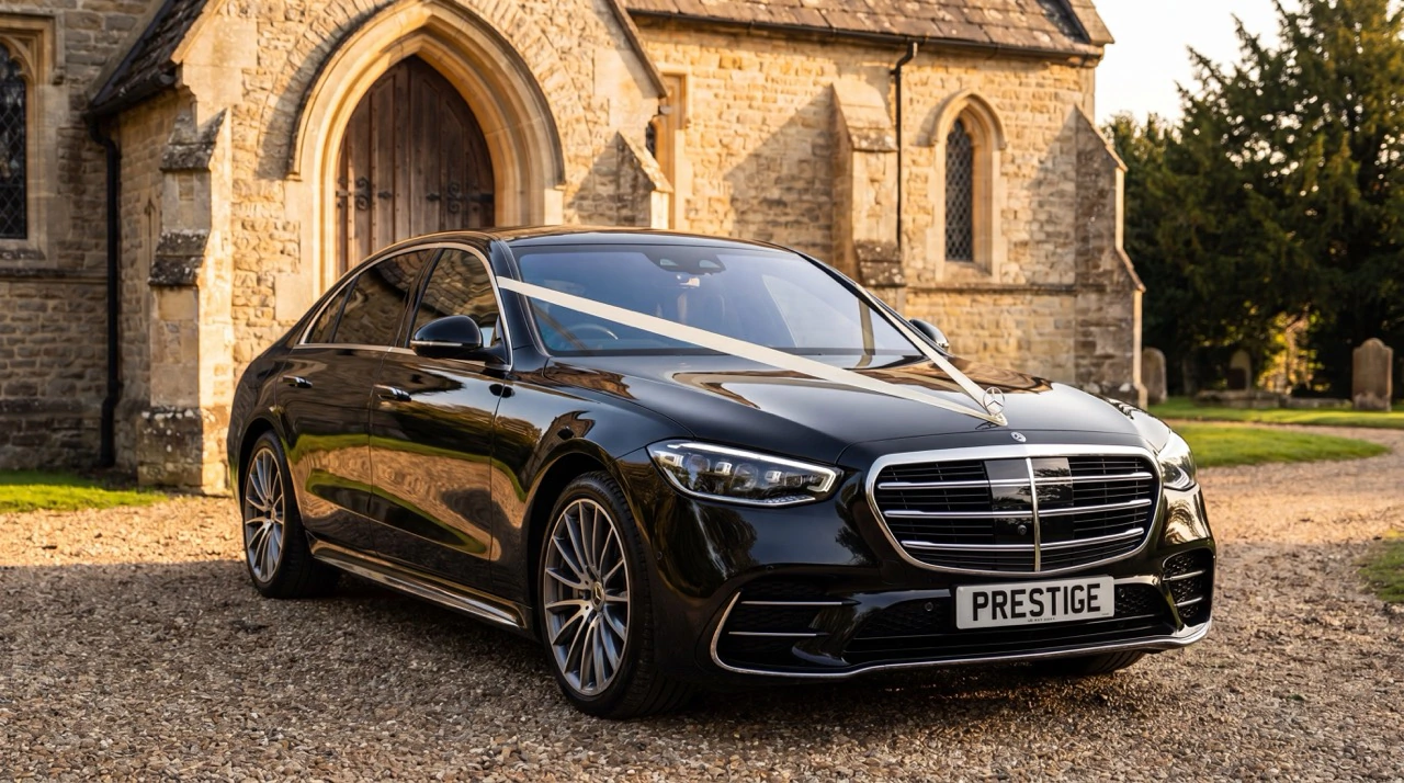 Black Mercedes S-Class wedding car with white ribbons outside a stone village church