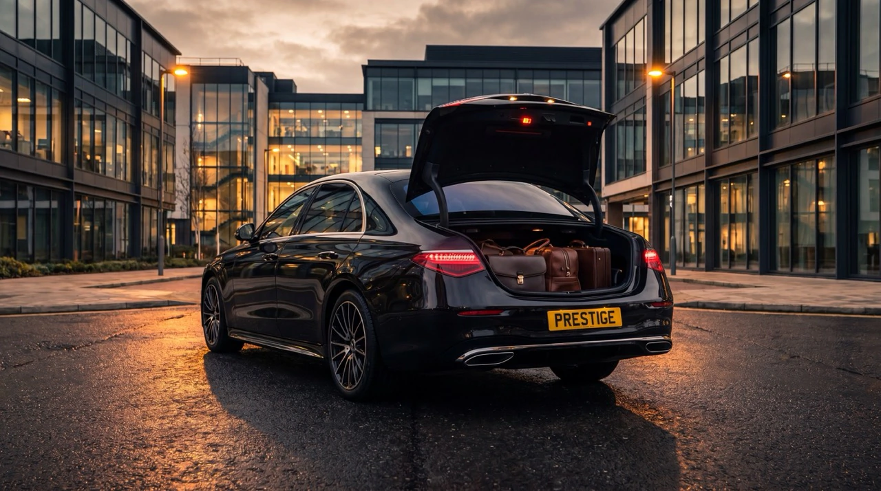 Black Mercedes S-Class with its boot open and parcels inside, outside an office block at dusk