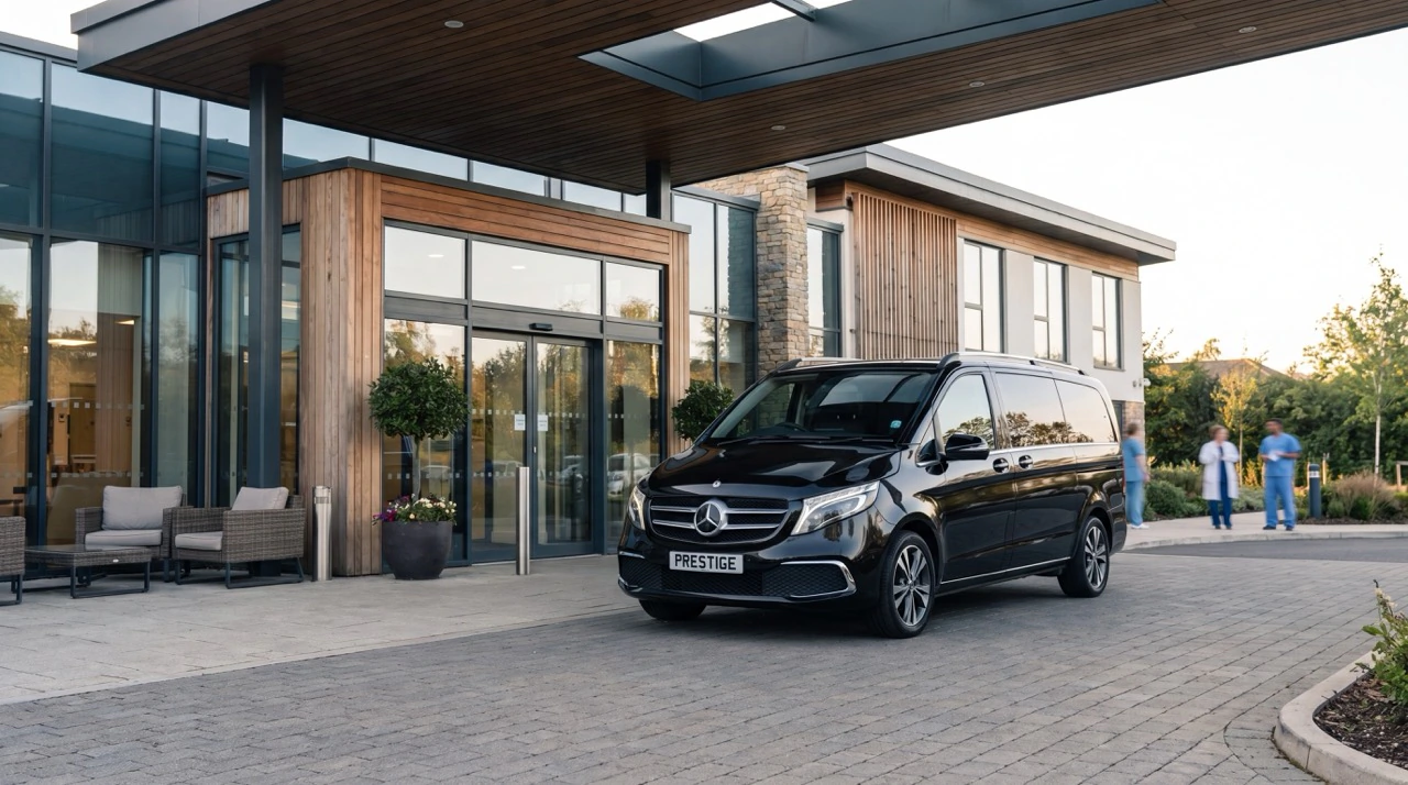 Black Mercedes V-Class waiting outside the entrance of a modern medical clinic