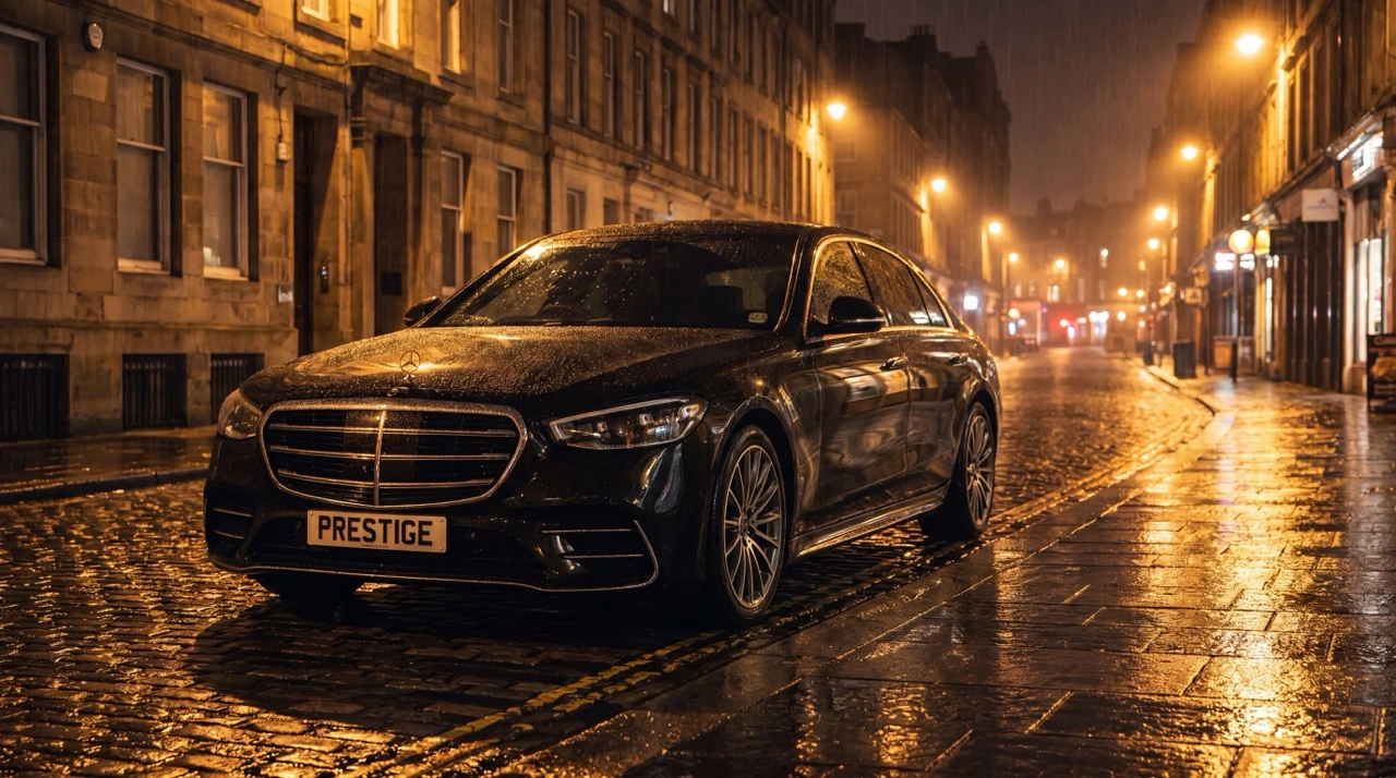 Black Mercedes S-Class executive car on a wet cobbled street lit by street lamps at night