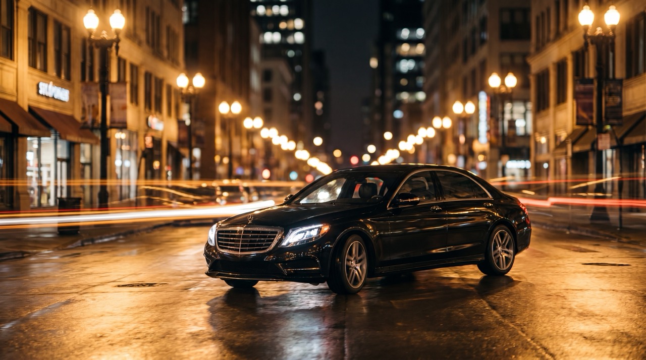 Black Mercedes S-Class chauffeur car on a wet city street at night, lit by street lamps and passing traffic